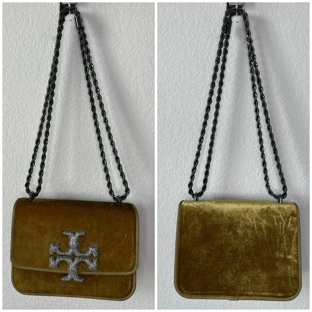 Tory Burch Eleanor Small Velvet Pave Logo Shoulder Bag Purse - Picture 8 of 10